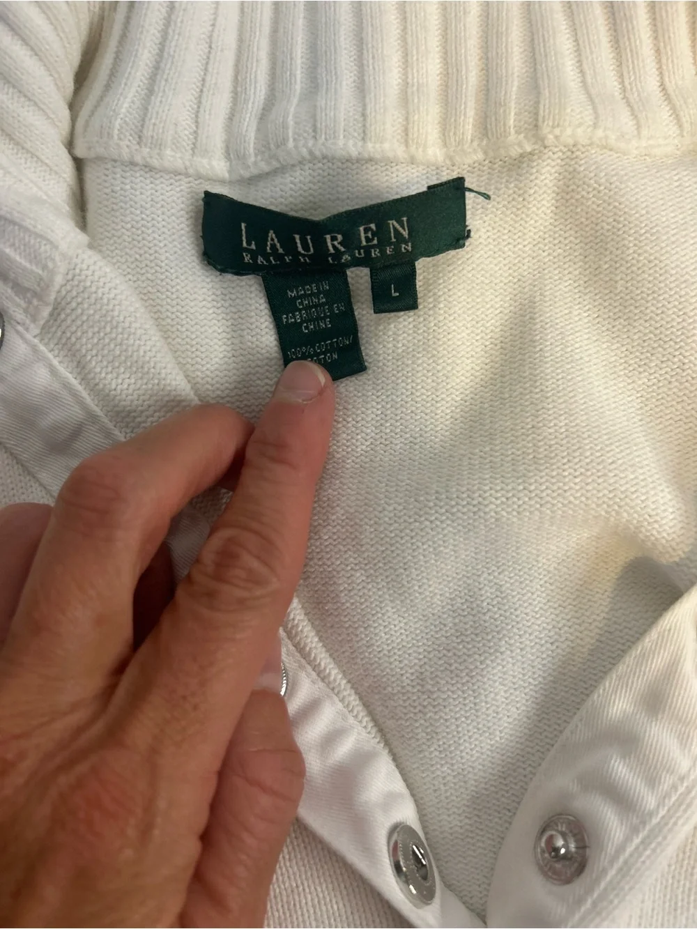 Ralph Lauren White Cotton Convertible snap turtleneck sweater Women’s Large - Picture 14 of 14